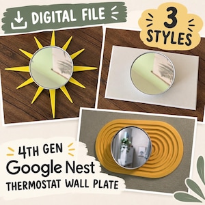 Könnte beinhalten: Eine digitale Datei für 3 Stile von Wandplatten für Google Nest Thermostate der 4. Generation. Eine Platte ist gelb und sternförmig, eine ist ein schlichtes weißes Rechteck und eine ist oval mit konzentrischen gelben Rillen, jeweils mit Thermostat.