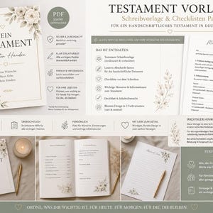 Puede incluir: Un paquete de plantillas digitales para un testamento manuscrito en Alemania, que incluye una portada titulada Mein Testament, páginas de escritura con líneas, listas de verificación y guías informativas, decoradas con ilustraciones florales.
