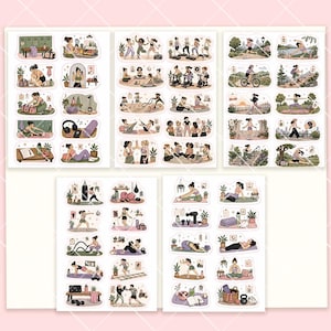 May include: A collection of five sticker sheets featuring various illustrations of individuals engaged in fitness, yoga, and wellness activities, including weightlifting, cycling, running, stretching, and meditation in diverse indoor and outdoor settings.