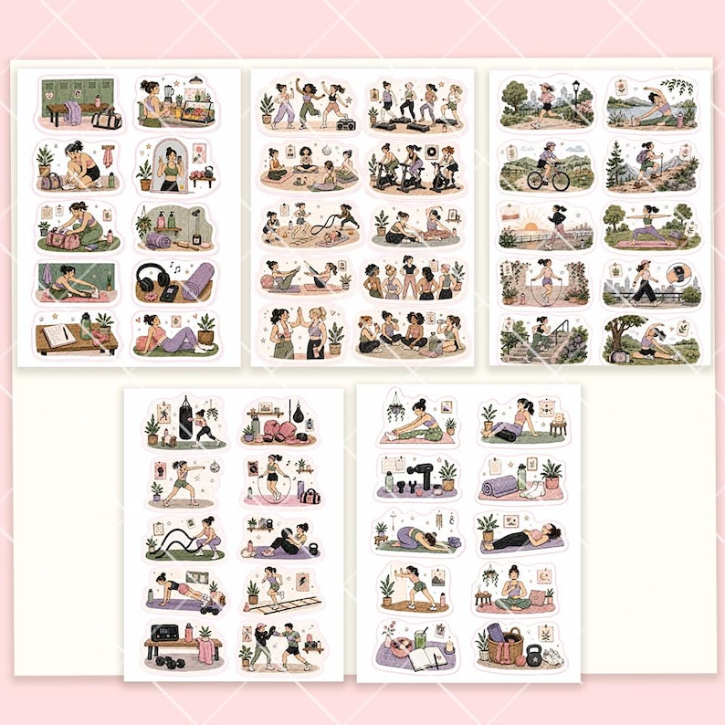 May include: A collection of five sticker sheets featuring various illustrations of individuals engaged in fitness, yoga, and wellness activities, including weightlifting, cycling, running, stretching, and meditation in diverse indoor and outdoor settings.
