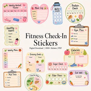 Könnte beinhalten: Eine Sammlung von digitalen Fitness-Aufklebern mit verschiedenen Trackern und Protokollen. Die Beschriftungen umfassen Weekly Workout Tracker, Meal Log, Water Intake, Protein Check, Healthy Habits, Gym Plan, Weekly Menu, Grocery Goals, Calories In/Out, Sugar Check, Meal Times, Colorful Plate, Fiber Focus und Eat Well.