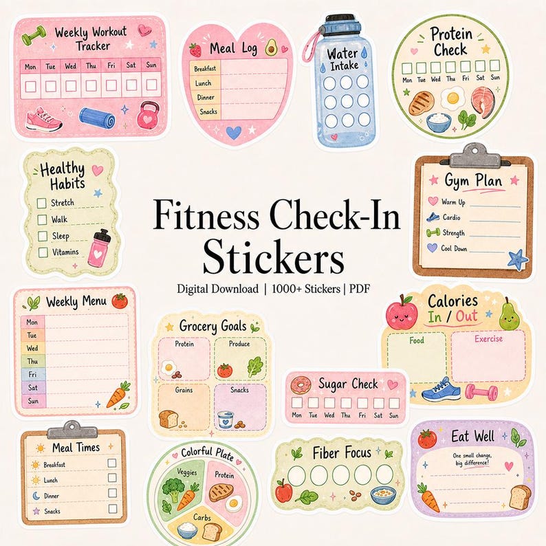 May include: A collection of fitness-themed digital stickers featuring various trackers and logs. Labels include Weekly Workout Tracker, Meal Log, Water Intake, Protein Check, Healthy Habits, Gym Plan, Weekly Menu, Grocery Goals, Calories In/Out, Sugar Check, Meal Times, Colorful Plate, Fiber Focus, and Eat Well.