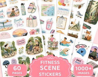 Watercolor Fitness Scene Stickers, Nature Workout Planner Journal (Digital Download)