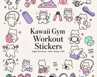 May include: A collection of digital stickers featuring white cats performing various gym exercises and using fitness equipment like dumbbells, kettlebells, jump ropes, and foam rollers. The text reads Kawaii Gym Workout Stickers, Digital Download, 1000+ Stickers, PDF, YOU CAN!, and MOVE MORE.
