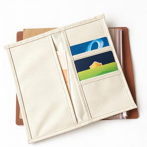 May include: A cream-colored fabric wallet featuring a vertical pocket on the left side and two horizontal card slots on the right side. The wallet contains a blue card and a dark blue card with a green and yellow shield graphic inside the slots.