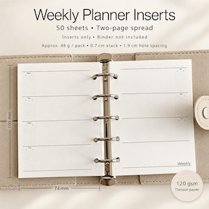 May include: Weekly planner inserts with 50 sheets for a two-page spread. The white paper features black lines and text for days of the week. The inserts measure 105 mm by 74 mm with 1.9 cm hole spacing, a 0.7 cm stack, and 120 gsm paper weight.