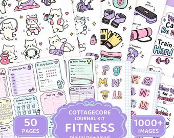 Kawaii Fitness Kat Digitale Dagboek Stickers, Printbare Gym Workout Tracker Planner Stickerpakket met Kattenfiguren & Motiverende Citaten