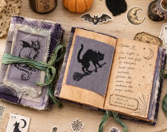 Vintage Witchy Halloween Junk Journal, Plant Dyed Fabric Cover Black Cat Grimoire Notebook, A6 Handmade Spell Book