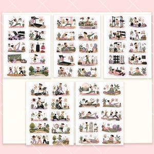May include: A collection of five sticker sheets featuring various illustrations of people engaged in fitness activities, including yoga, weightlifting, running, and using gym equipment like treadmills, stationary bikes, and pilates reformers.