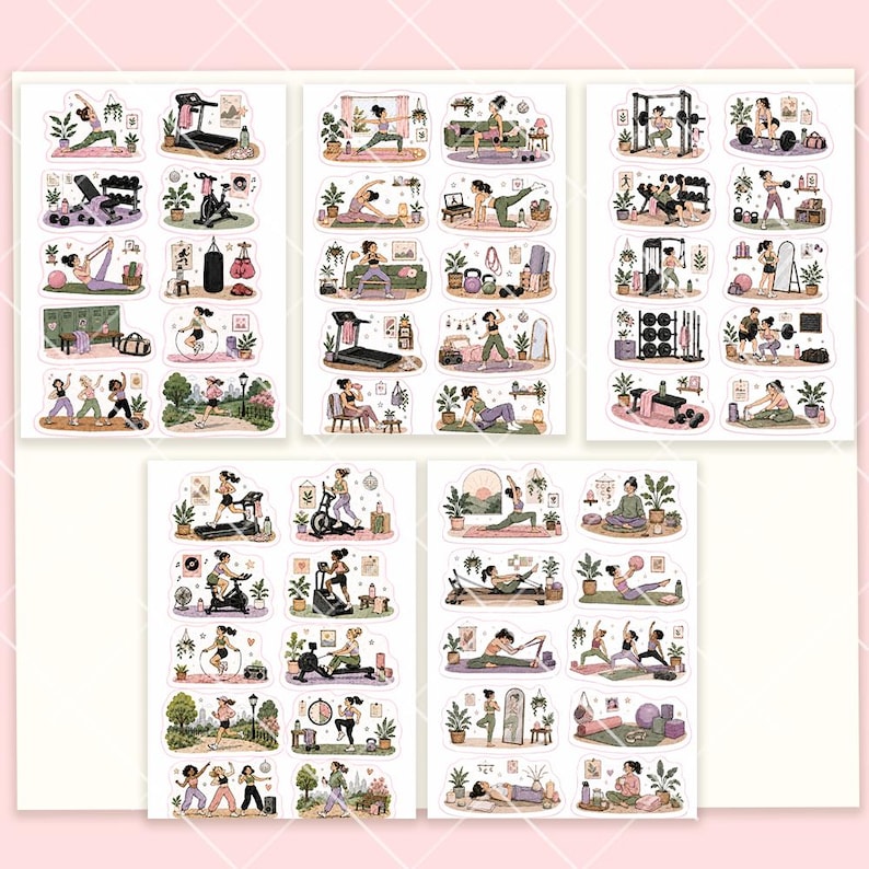 May include: A collection of five sticker sheets featuring various illustrations of people engaged in fitness activities, including yoga, weightlifting, running, and using gym equipment like treadmills, stationary bikes, and pilates reformers.