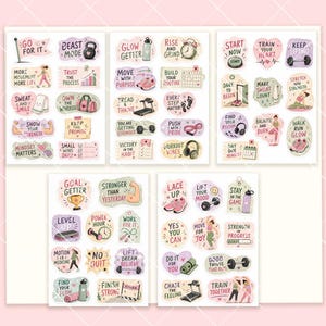 May include: A collection of five sticker sheets featuring various fitness-themed illustrations and motivational text. The designs include dumbbells, kettlebells, treadmills, running shoes, yoga mats, and people exercising, all in a soft pastel color palette.