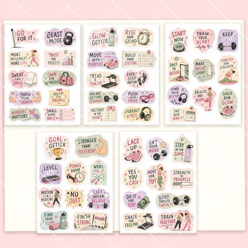 May include: A collection of five sticker sheets featuring various fitness-themed illustrations and motivational text. The designs include dumbbells, kettlebells, treadmills, running shoes, yoga mats, and people exercising, all in a soft pastel color palette.