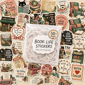 Pode incluir: Uma coleção de adesivos com tema de livros, apresentando ilustrações de cantos de leitura, pilhas de livros e poltronas confortáveis. O pacote central está rotulado como Book Life Stickers Digital PDF Sticker Pack com um selo de 50+ páginas.