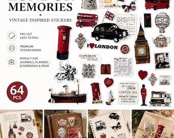 64-delige Londense vintage dagboekstickers, Britse bezienswaardigheden retro plakboekstickers voor reizen notebookdecor