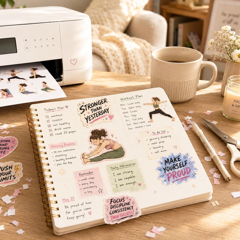 May include: A spiral-bound planner open on a desk, featuring handwritten workout plans, daily affirmations, and to-do lists. Decorative stickers include text like STRONGER THAN YESTERDAY and MAKE YOURSELF PROUD, alongside illustrations of a person doing yoga.