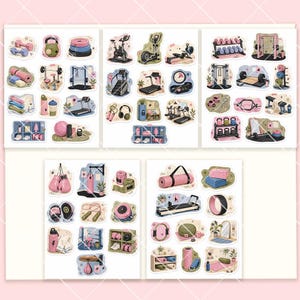 May include: A collection of illustrated stickers featuring various gym equipment and fitness accessories, including dumbbells, kettlebells, treadmills, yoga mats, boxing gloves, water bottles, and storage lockers in a soft color palette of pink, blue, and green.