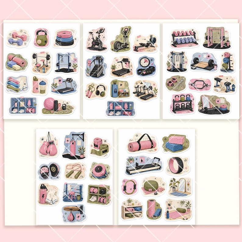 May include: A collection of illustrated stickers featuring various gym equipment and fitness accessories, including dumbbells, kettlebells, treadmills, yoga mats, boxing gloves, water bottles, and storage lockers in a soft color palette of pink, blue, and green.