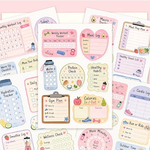 May include: A sticker sheet featuring various health and fitness tracking designs, including a weekly workout tracker, meal log, water intake chart, protein check, gym plan, and calorie tracker, all decorated with pastel colors and small icons.