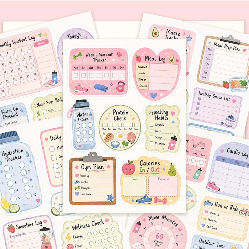 May include: A sticker sheet featuring various health and fitness tracking designs, including a weekly workout tracker, meal log, water intake chart, protein check, gym plan, and calorie tracker, all decorated with pastel colors and small icons.