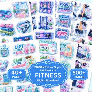 Puede incluir: Una hoja de pegatinas digitales con ilustraciones de temática fitness en una paleta de colores azul y rosa. Los diseños incluyen esterillas de yoga, mancuernas, equipo de gimnasio y textos motivacionales como 'Lift Like A Girl', 'Never Miss Monday' y 'Focus Discipline Consistency Then Success'.