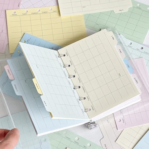 May include: A set of pastel-coloured planner inserts featuring monthly calendar grids with labelled days of the week. The pages are punched for a disc-bound system and include tabbed dividers labelled with months from January through August in a sans-serif font.