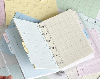May include: A set of pastel-colored planner inserts featuring monthly calendar grids with labeled days of the week. The pages are punched for a disc-bound system and include tabbed dividers labeled with months from January through August in a sans-serif font.