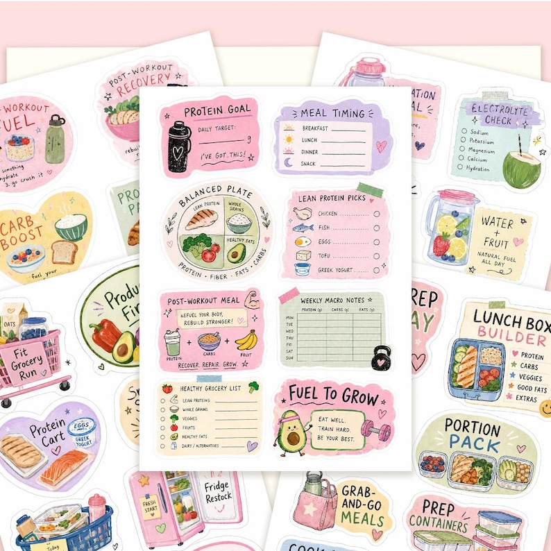 May include: A sticker sheet featuring various health and fitness-themed illustrations, including a balanced plate chart, meal timing logs, grocery lists, and lunch box builders with text labels like Protein Goal and Fuel to Grow in pastel colors.