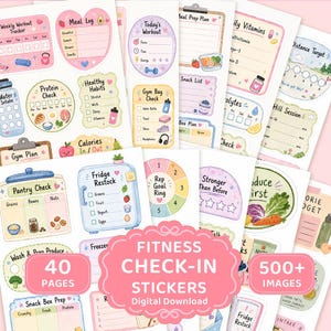 May include: A collection of colorful fitness and nutrition planner stickers featuring various trackers for workouts, meal logs, healthy habits, and pantry inventory. The sheets include text labels like Weekly Workout Tracker, Meal Log, Protein Check, Gym Bag Check, and Fridge Restock, all presented in a soft pastel color palette with various food and exercise icons.