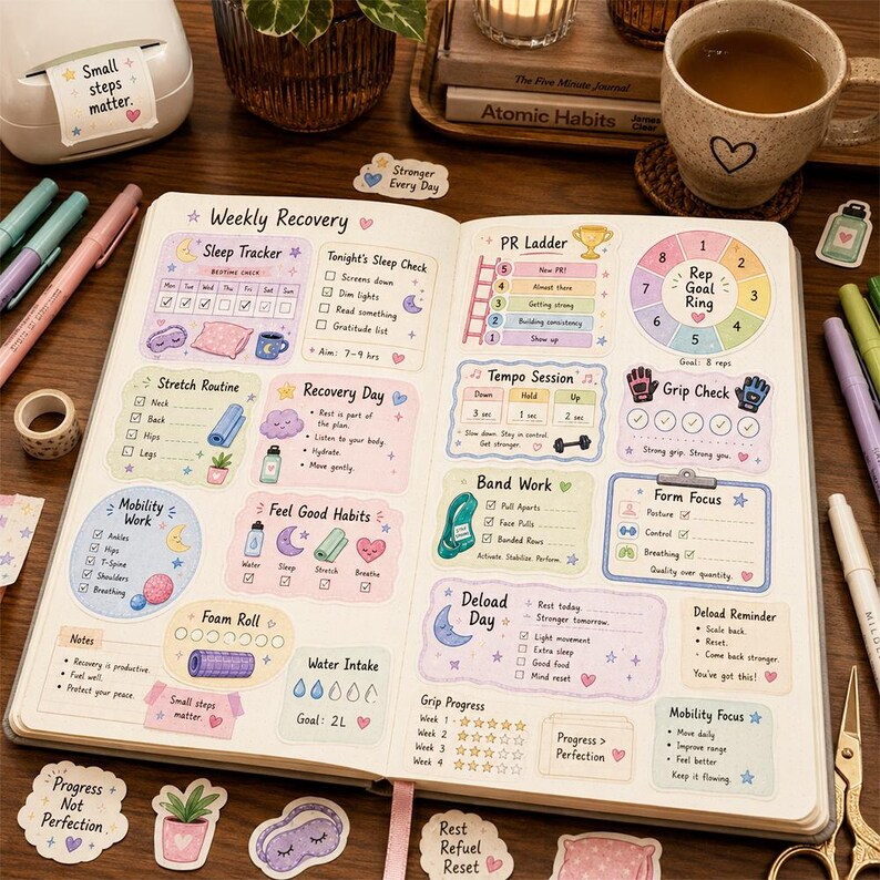 May include: An open planner featuring a Weekly Recovery layout with pastel-colored stickers and handwritten text. Sections include Sleep Tracker, Stretch Routine, PR Ladder, and Grip Check. The pages are filled with icons of hearts, stars, and moons.
