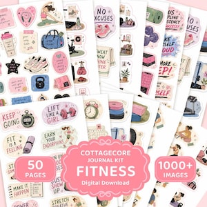 May include: A digital sticker sheet collection featuring fitness-themed illustrations including dumbbells, kettlebells, yoga mats, gym bags, sneakers, and motivational text like "Keep Going" and "Lift Like A Girl" on a white background.