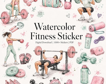 May include: A collection of watercolor fitness stickers featuring illustrations of people exercising with barbells, dumbbells, kettlebells, a jump rope, a gym bag, a water bottle, a yoga mat, a towel, and a stopwatch with the text Watercolor Fitness Sticker.