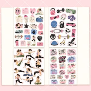 May include: A collection of four sticker sheets featuring fitness-themed illustrations. The designs include various gym equipment like kettlebells, dumbbells, yoga mats, and exercise balls, alongside figures performing yoga poses and motivational text phrases.