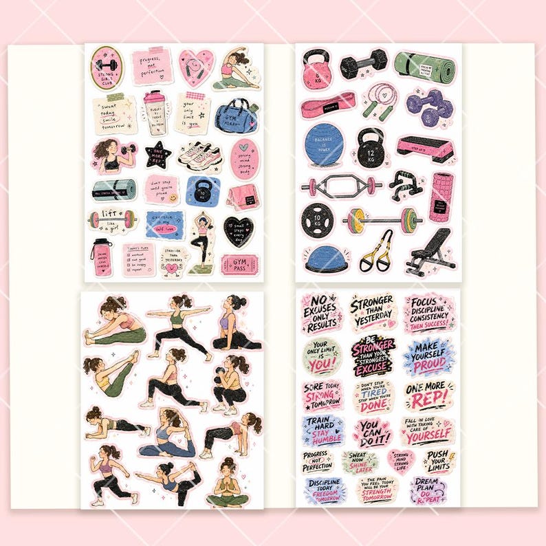 May include: A collection of four sticker sheets featuring fitness-themed illustrations. The designs include various gym equipment like kettlebells, dumbbells, yoga mats, and exercise balls, alongside figures performing yoga poses and motivational text phrases.