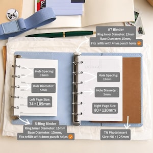 May include: A light blue A7 binder with a 5-ring mechanism. The binder features a 15mm ring inner diameter and 15mm base diameter, fitting 4mm punch holes. Left page size is 74 x 105mm, right page size is 80 x 120mm, and TN photo insert is 90 x 125mm.