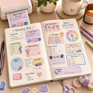 May include: An open planner featuring a recovery plan with pastel-colored stickers and printed sections for sleep tracking, habit goals, and mobility work. The pages include illustrations of pillows, clouds, and exercise equipment with text labels like Recovery Plan, Sleep Goals, and PR Ladder.