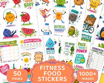 Fitness & Healthy Food Digital Sticker Pack, 1000+ Cartoon Nutrition Stickers, Printable Meal Log Journal Stickers, Instant Download