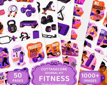 Gym Fitness Journal Printable Kit, Motivational Workout Collage Stickers, Exercise Planner Digital Download for Wellness Scrapbooking