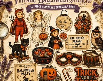 Vintage Halloween Ephemera Stickers, Retro Gothic Journal Pack (Digital Download)
