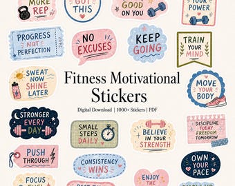 May include: A collection of fitness-themed stickers featuring motivational phrases like One More Rep, You Got This, and Strong Looks Good On You. The designs include illustrations of dumbbells, kettlebells, sneakers, and stopwatches in pastel colors.
