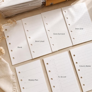 May include: A collection of white planner refill pages with six-hole punches along the left side. The sheets feature various layouts including blank, 8mm lined, 5mm dot grid, 5mm grid, weekly plan, to-do list, and column notes with printed labels.