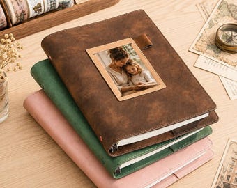 A5 Refillable Leather Binder Journal with Photo Pocket, Blank Lined Paper Loose Leaf Notebook, Vintage Travel Planner Scrapbook