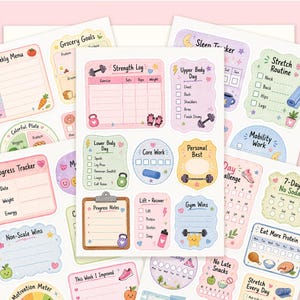 May include: A collection of pastel-colored fitness and wellness planner stickers featuring various trackers and logs. Labels include Strength Log, Upper Body Day, Lower Body Day, Core Work, Personal Best, Progress Notes, Lift + Recover, and Gym Wins.