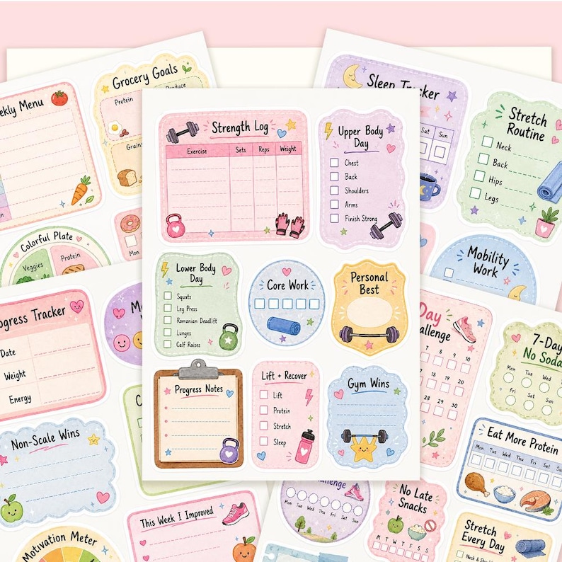 May include: A collection of pastel-colored fitness and wellness planner stickers featuring various trackers and logs. Labels include Strength Log, Upper Body Day, Lower Body Day, Core Work, Personal Best, Progress Notes, Lift + Recover, and Gym Wins.
