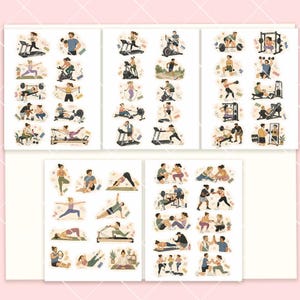May include: A collection of sticker sheets featuring various illustrations of people performing fitness activities, including weightlifting, yoga, running on treadmills, cycling, and using gym equipment, all rendered in a soft, hand-drawn artistic style.