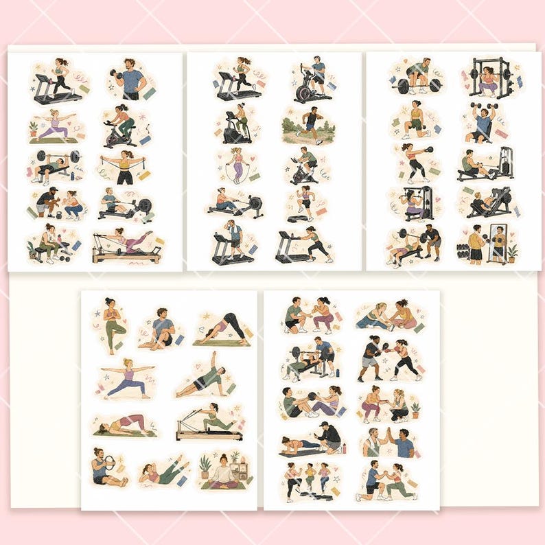 May include: A collection of sticker sheets featuring various illustrations of people performing fitness activities, including weightlifting, yoga, running on treadmills, cycling, and using gym equipment, all rendered in a soft, hand-drawn artistic style.