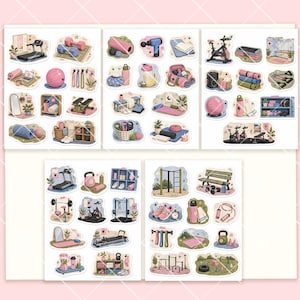 May include: A collection of illustrated stickers featuring various fitness equipment and gym accessories, including treadmills, dumbbells, yoga mats, exercise balls, kettlebells, resistance bands, water bottles, and gym bags in a soft color palette.