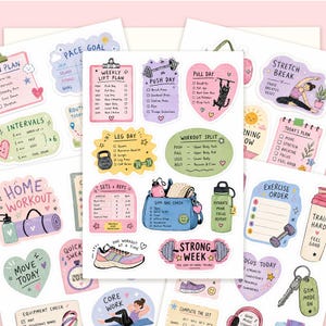 May include: A sticker sheet featuring various fitness-themed illustrations, including a weekly lift plan, a gym bag, a water bottle, a sneaker, and motivational text like "Strong Week" and "Pace Goal" in pastel colors with various workout icons.