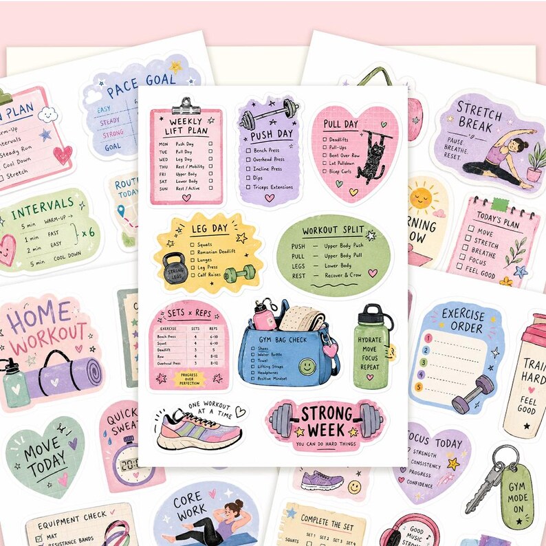 May include: A sticker sheet featuring various fitness-themed illustrations, including a weekly lift plan, a gym bag, a water bottle, a sneaker, and motivational text like "Strong Week" and "Pace Goal" in pastel colors with various workout icons.