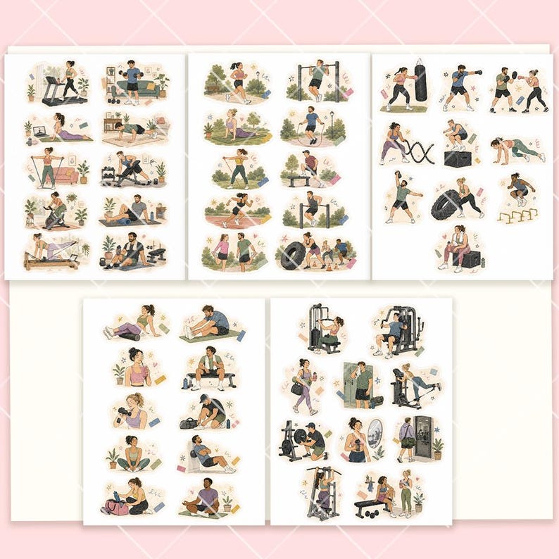 May include: A collection of sticker sheets featuring various illustrations of individuals engaged in diverse fitness activities, including weightlifting, yoga, running, and using gym equipment, presented in a soft, muted color palette.