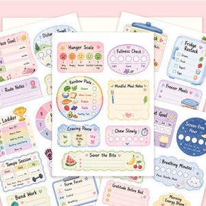 May include: A sticker sheet featuring pastel-colored health and wellness trackers. Sections include a Hunger Scale with emojis, a Rainbow Plate checklist, Mindful Meal Notes, a Craving Pause timer, a Chew Slowly tracker, and a Savor the Bite section.
